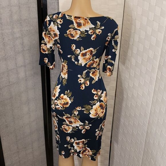 BRAND NEW CONNECTED APPAREL FLORAL COLORBLOCK RUCHED SIDE DESIGN 3/SLEEVE DRESS - Picture 8 of 15